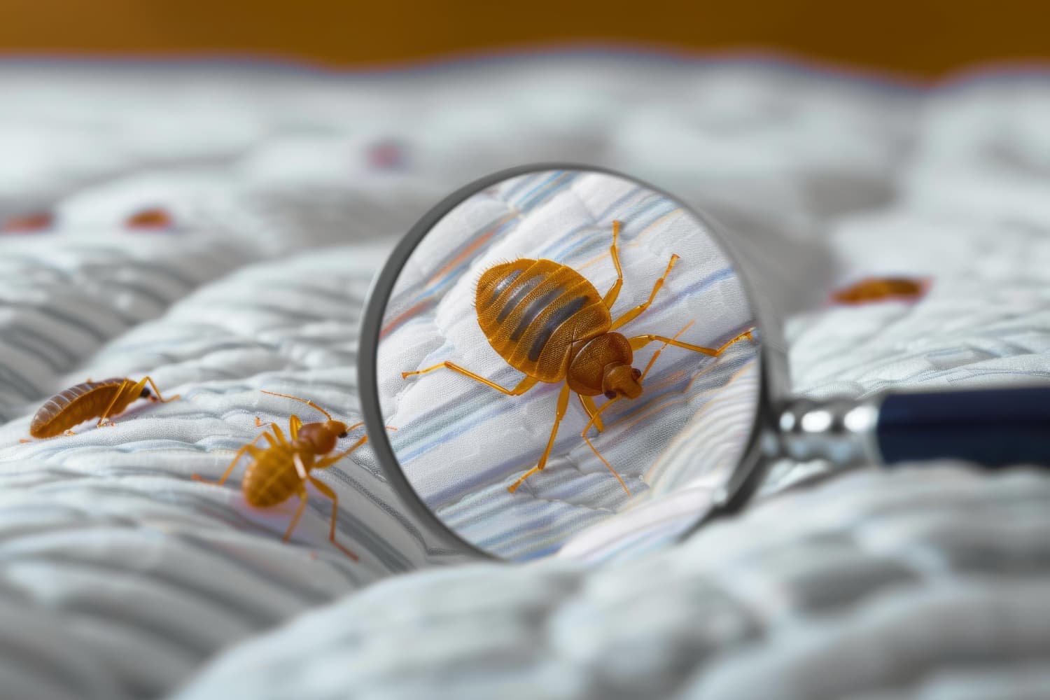 Checking bed Bugs on the bed with magnifying glass