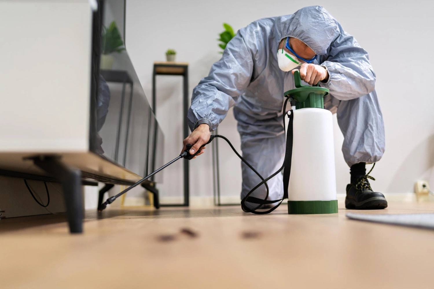 Man spraying under the cabinets
