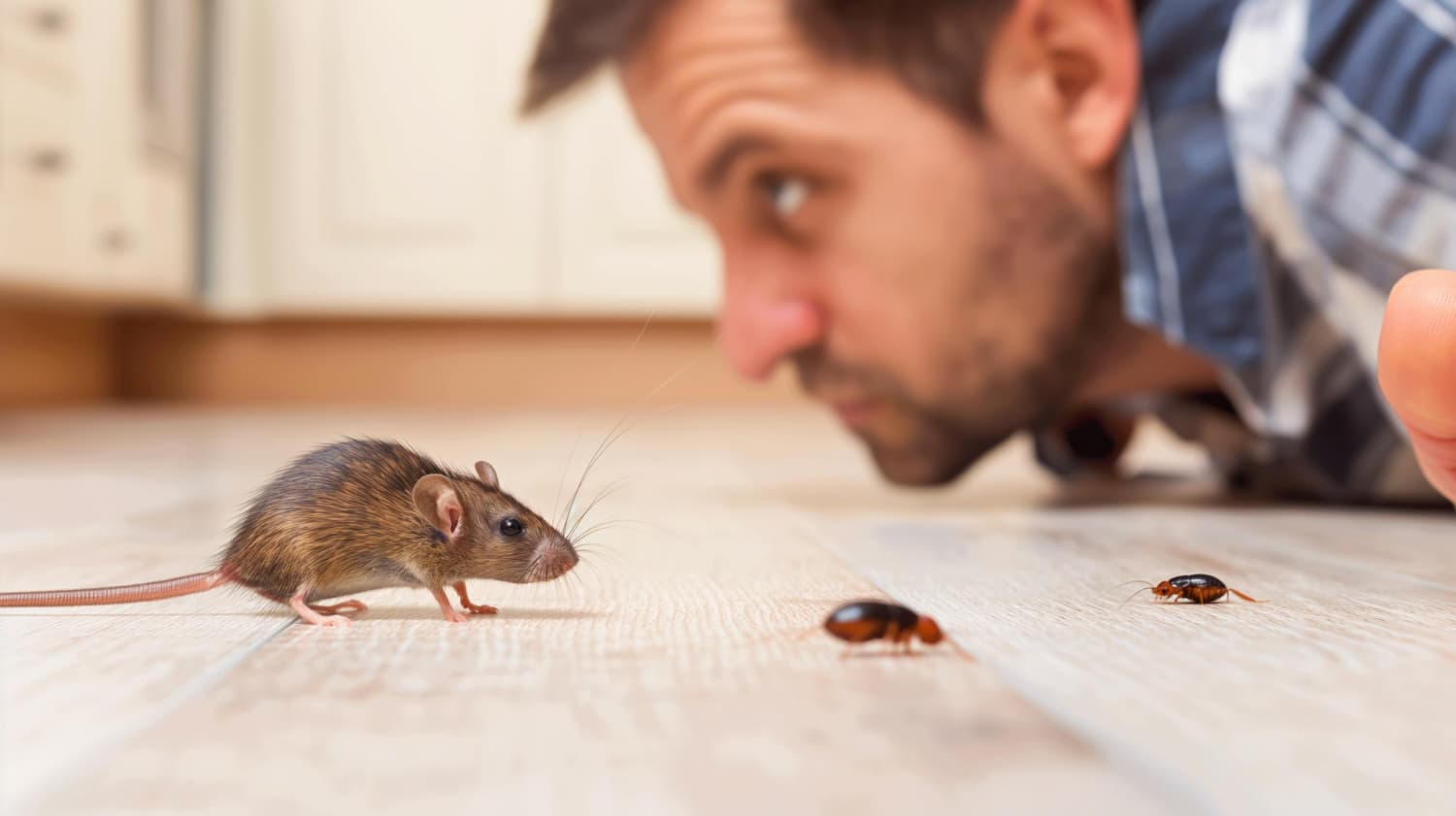 Man with a mouse and few insects on the ground