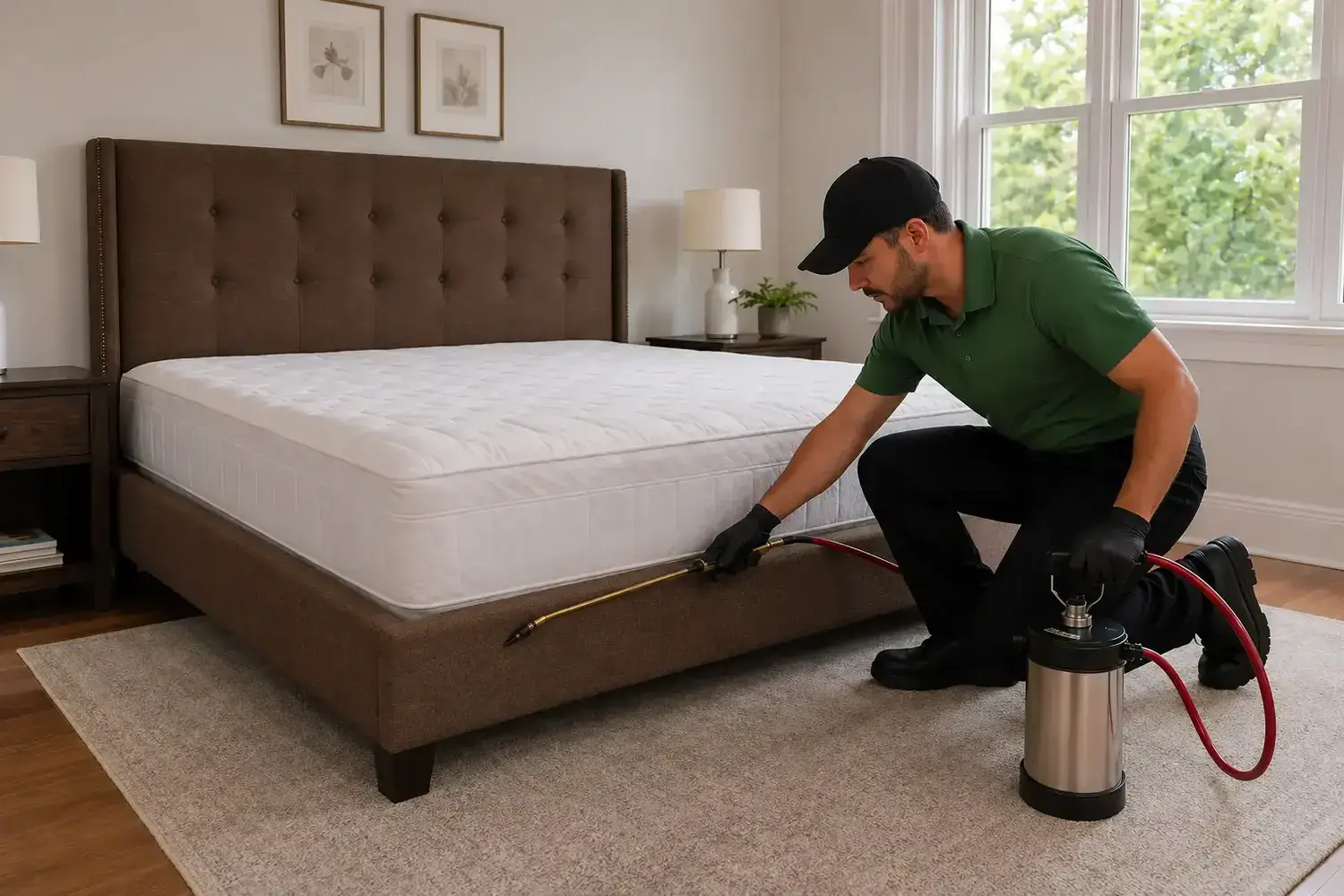 Blog 1 Professional pest control worker in a modern bedroom applying bed bug treatment under a bed in a clean NYC apartment.