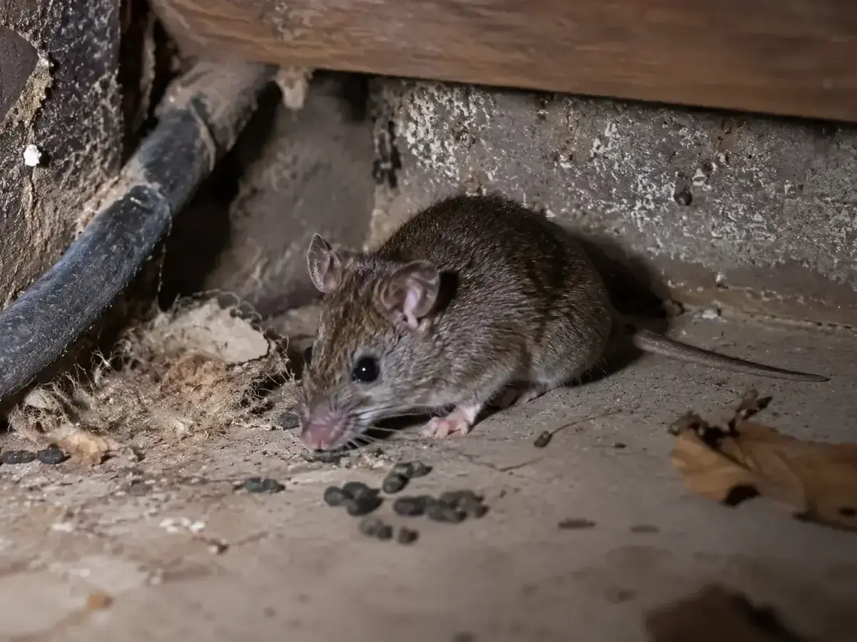 test page 2 A small brown mouse crouches on a dusty basement or attic floor near a black cable, surrounded by scattered debris