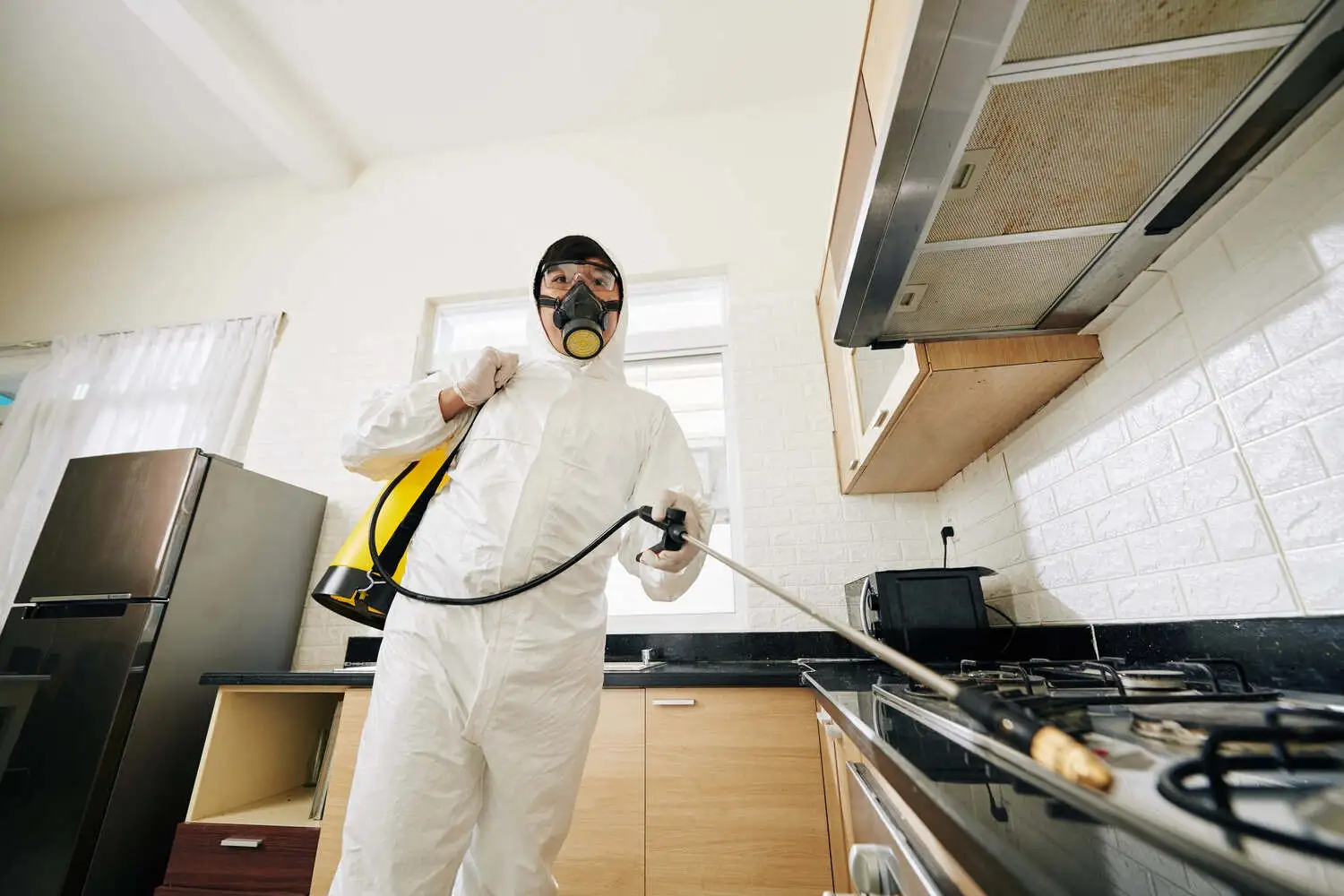 test page 1 In a well-lit kitchen, a person in a white hazmat suit is using a sprayer.